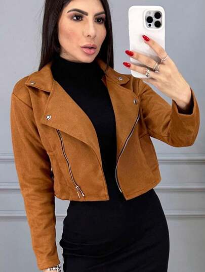 Jaqueta Feminina Suede Jaqueta Curta Manga Longa Inverno