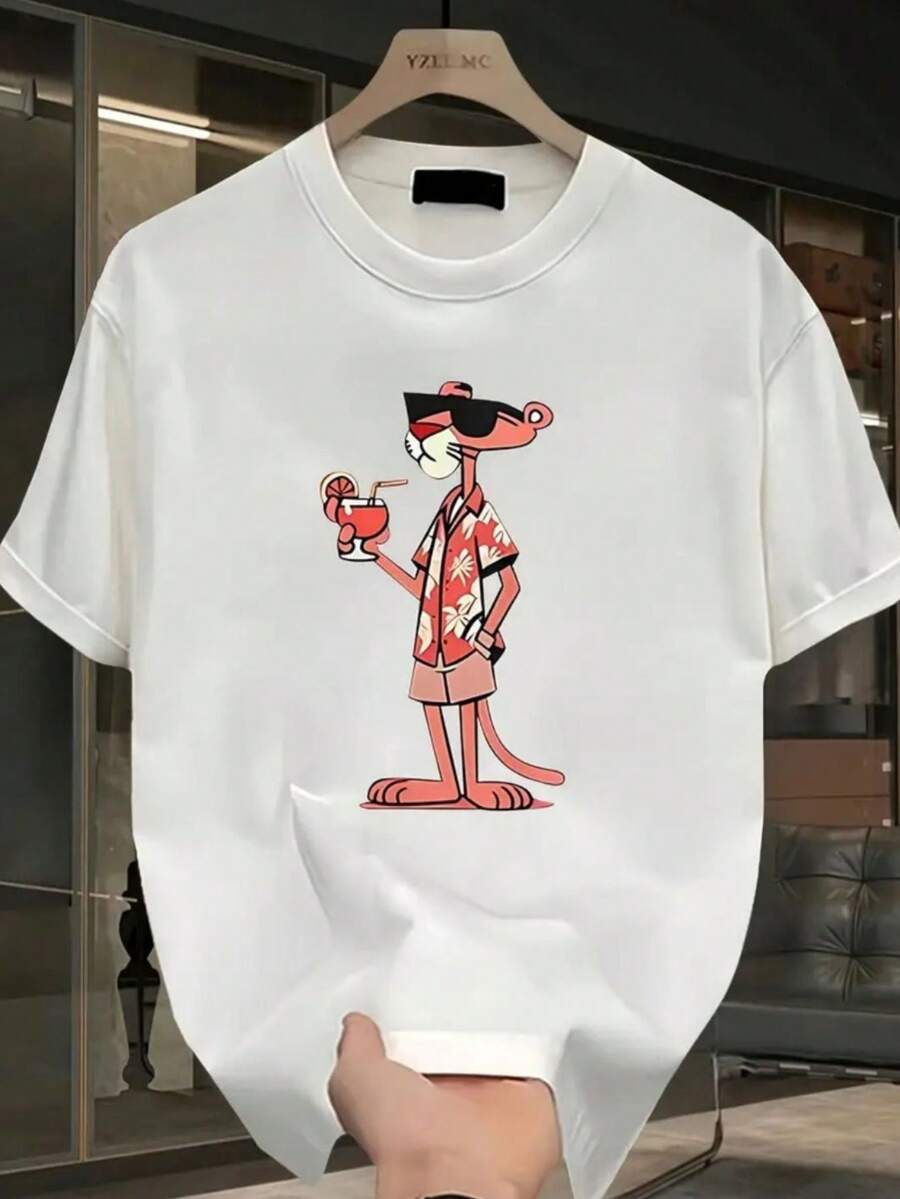 New Pink Panther Printed Shirt Casual Model 100% Cotton Short Sleeve Round Neck Shirt - trắng - Xem 1