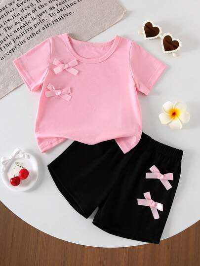 Cute Infant Summer Beautiful Clothes Baby Girls Summer Outfit Set, Fashion Solid Color Creative Positioned Ribbon Bowknot Decor Round Neck Short Sleeve T-Shirt + Solid Color Positioned Ribbon Bowknot Shorts, 2 Pieces Set, Summer Casual Outfit