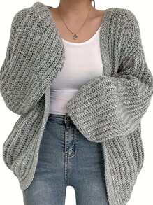Elegant Casual Loose Fit Plus Size Plain Color Knitted Cardigan, Versatile Young Women Long Sleeve Open Front Sweater