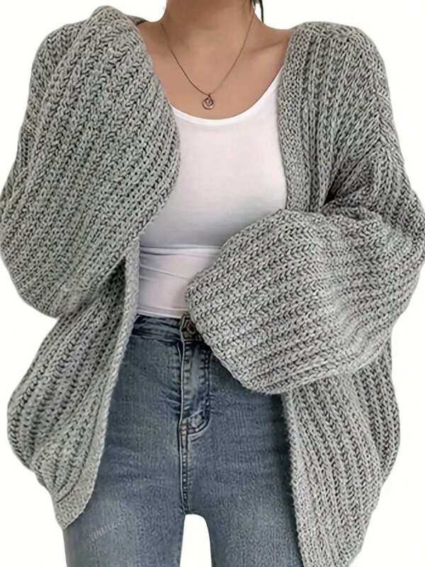 Elegant Casual Loose Fit Plus Size Plain Color Knitted Cardigan, Versatile Young Women Long Sleeve Open Front Sweater