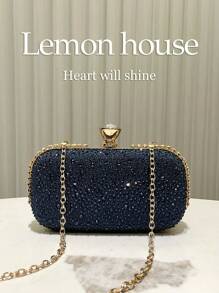 1pc Navy Blue Luxury Rhinestone Decor Clutch Bag, Elegant Lady Party Wedding Bridal Evening Handbag Box Style Purse For Prom, Cocktail, Carnival