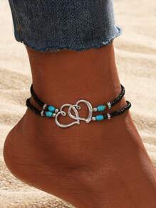 1pc Bohemian Layered Beaded Women's Hollow Double Heart Charm Ankle Bracelet Summer Beach Vacation Foot Jewelry Gift