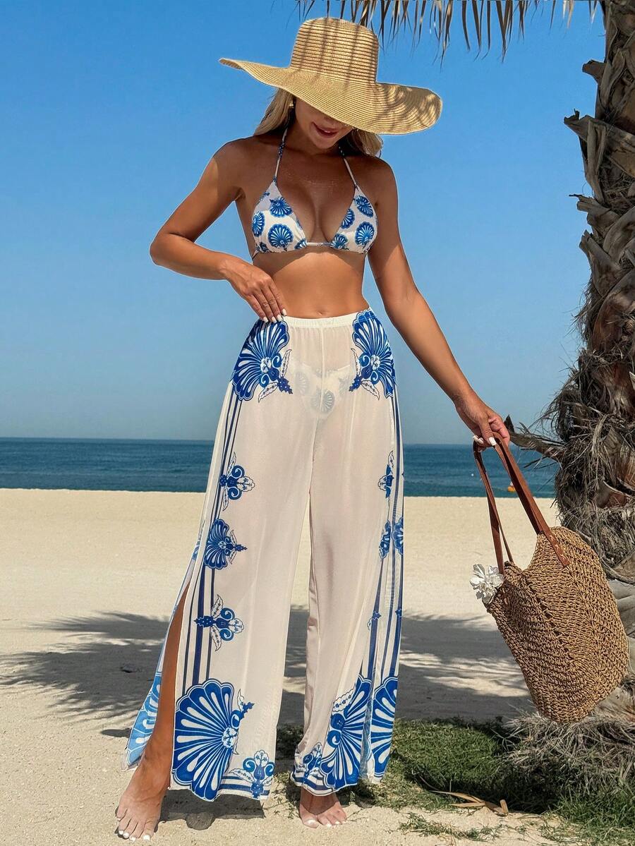 3件套女士挂脖系带三角比基尼套装，含印花网纱裤，波西米亚风花卉印花泳衣 - 彩色 - 查看 1