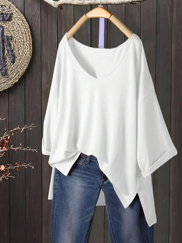 1pc Elastic Hemline V-Neck Loose T-Shirt, Elegant Design, Washable Summer Top