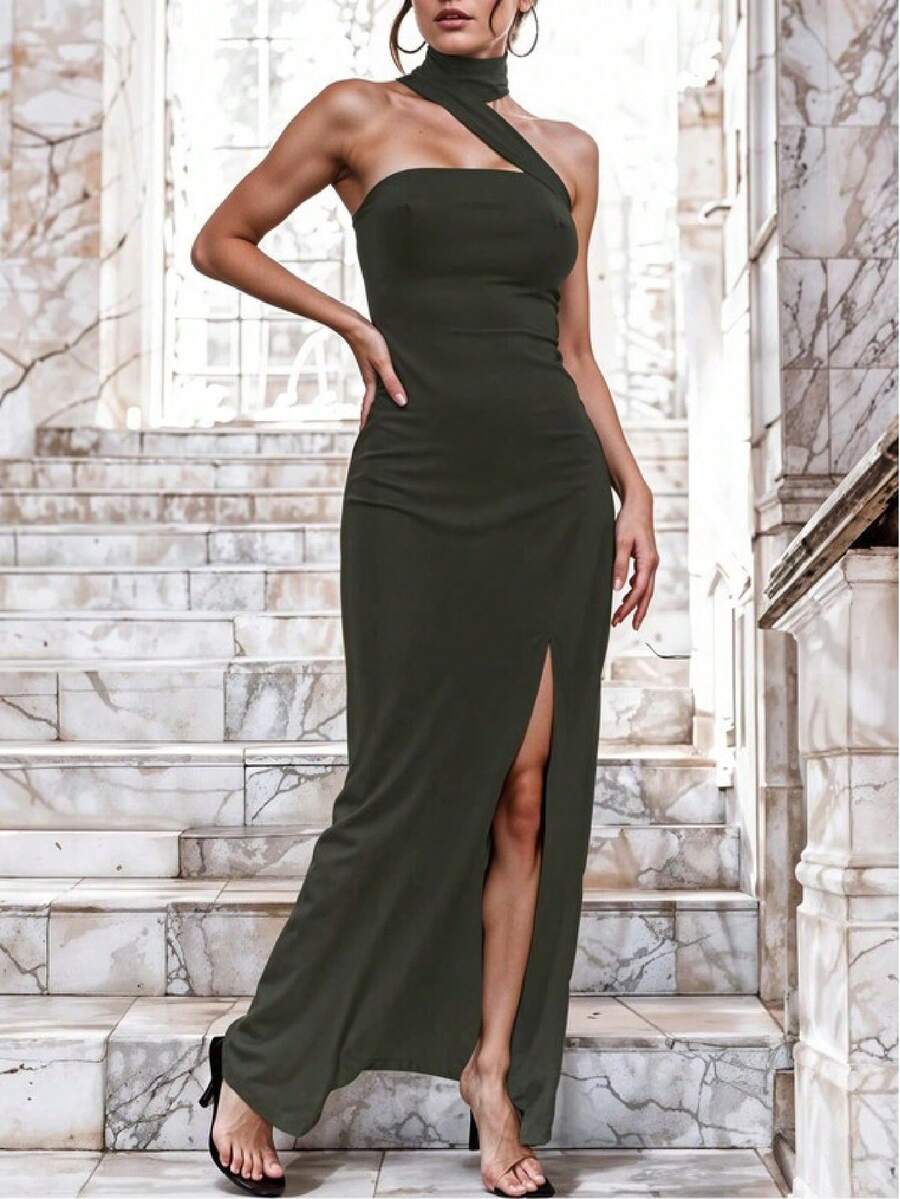 Vestido Largo Escote Asimétrico con Detalle de Lazo en el Cuello - Verde militar - Ver 1