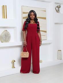 Duna Women's Tailored Jumpsuit With Short Sleeves And Buttoned Wide Leg Pants - 酒紅色 - 查看 3