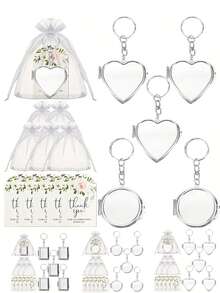 30pcs/15pcs Metal Heart Shaped Mirror Wedding Favor Sets, Includes 5pcs Keychain Mirrors, 5pcs Thank You Cards And 5pcs Organza Bags, Metal Heart Keychains, DIY Mini Makeup Mirrors, Portable Compact Mirrors, Suitable For Birthday Party, Proposal Party, Wedding Favors, Bridal Shower, Baby Shower - Multicolor - View 1