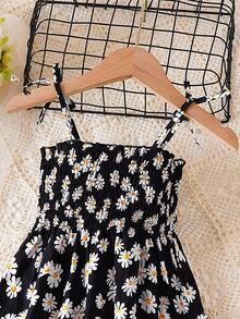 Young Girl's Little Daisy Beach Tie Suspender Dress Baby Floral Princess Dress - Black - View 3