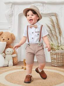 2pcs/Set Baby Boys Gentleman Outfit Bow Tie Shirt & Suspender Shorts, For Party, Birthday, Mother's Day