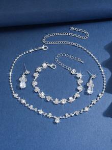 4pcs Silver-Tone Rhinestone Bridal Wedding Jewelry Set - Necklace, Earrings, Bracelet - Silver - View 6
