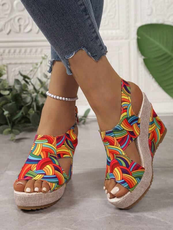 Women's Thick Sole Rainbow Printed Bohemian Open Toe Platform Sandals, Wedge Heeled, Anti-Slip, Versatile Beach Outdoor Vacation Shoes, 2025 Spring/Summer Collection