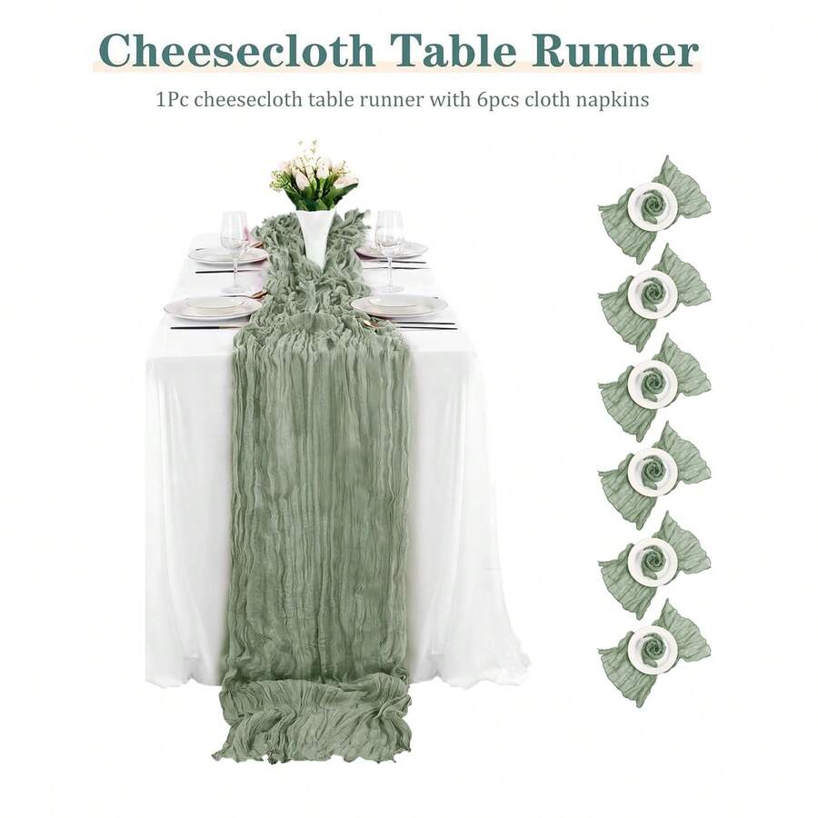 粗棉布桌旗和餐巾套装，波西米亚风纱布粗棉布桌旗和餐巾，乡村风皱褶桌旗和餐巾，适用于婚礼生日派对餐桌装饰和各种节日派对装饰 - 1 件/1+6 件