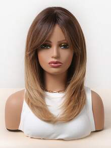 16 Inch Middle Long Straight Hair Brown To Blonde Wig Dark Roots Synthetic Wigs Heat Resistance Hair With Side Bangs Wigs For Women - Brown Ombre - View 3