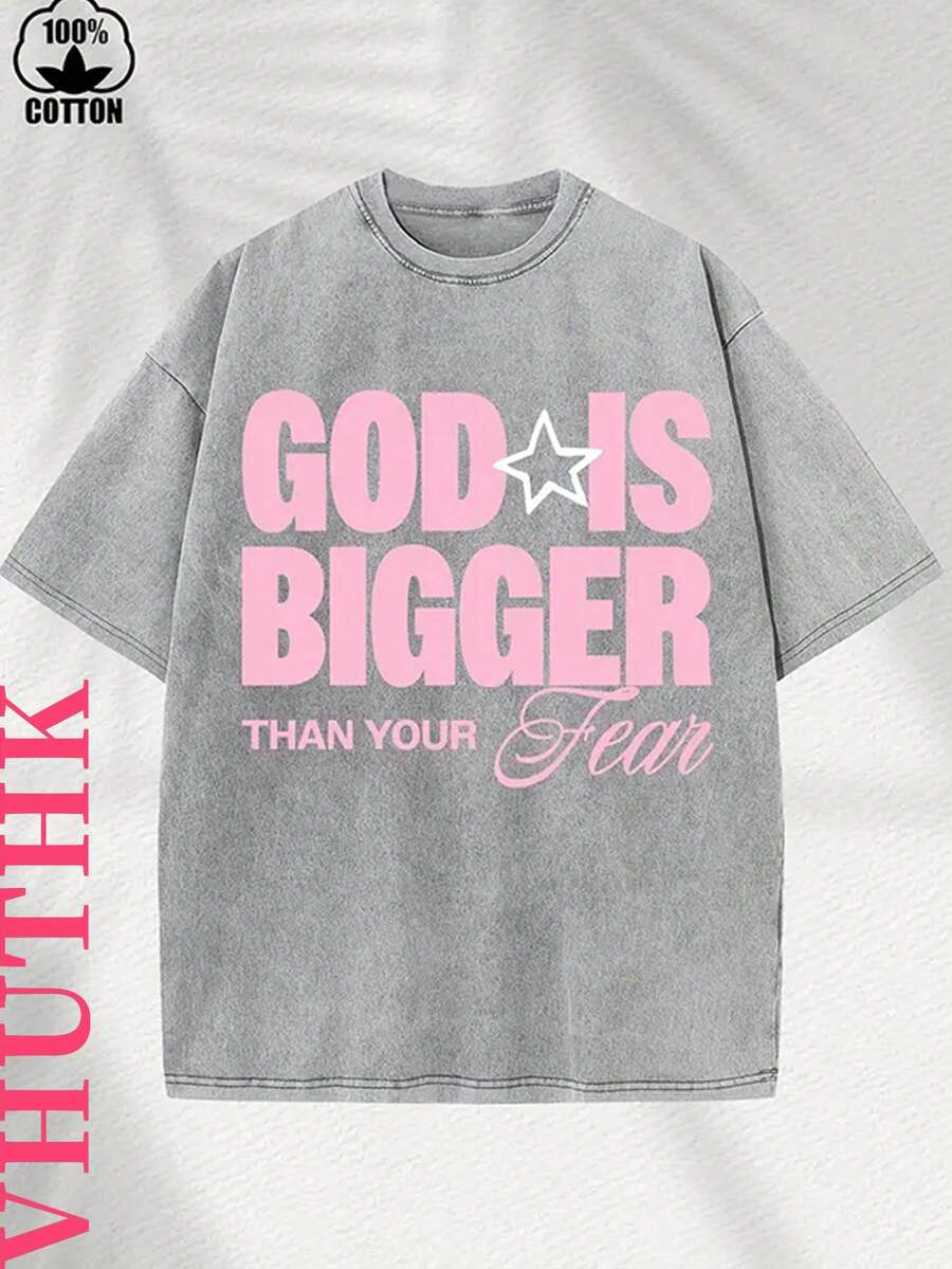 VHUTHK (220 Pure Cotton T-Shirt) 'GOD IS BIGGER' Letter Print, Suitable For Men's Casual, Comfortable, And Fashionable T-Shirt, Street Style Cotton - 灰色 - 查看 1