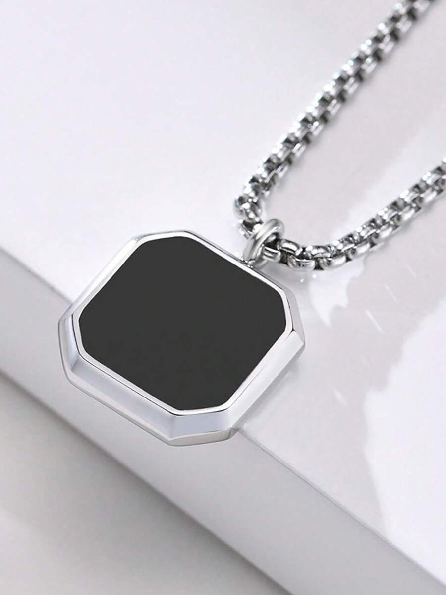 1pc Men's Simple Black Stainless Steel Tag Pendant Necklace - Multicolor - View 1