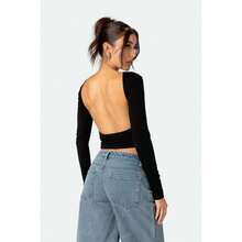Women's Basic Backless Crop Top Long Sleeve High Quality Simple Elegant Casual Backless/Backless - 黑色 - 查看 1