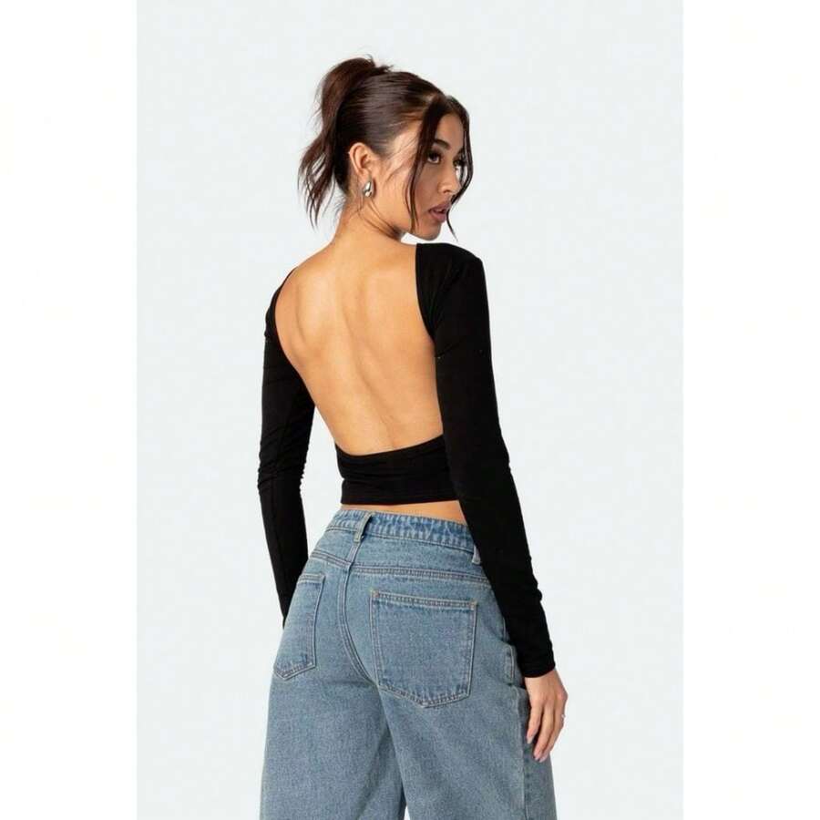 Women's Basic Backless Crop Top Long Sleeve High Quality Simple Elegant Casual Backless/Backless - 黑色 - 查看 1