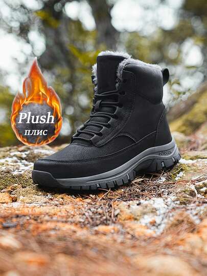 Men's Snow Boots For Men Casual Winter Shoes Platform Non-Slip Warm Fur Ankle Boots Plush Combat Outdoor High-Top Hiking Motorcycle Boots Outdoors Lace-Up Mountain Boots Brand Male Waterproof Sneakers