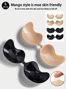 Set de 4 piezas (2 negros + 2 color piel) de copas de sujetador adhesivo de silicona sin tirantes, sin espalda y con efecto push up, realzador invisible de escote para mujeres, pétalos de sujetador adhesivos transpirables para vestidos de escote pronunciado y prendas sin espalda - Multicolor - Ver 21