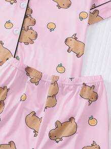 Conjunto de pijama tipo cárdigan para niños, conjunto de ropa de casa ligera de manga corta con estampado de capibara y mandarina lindo para niñas, para el verano