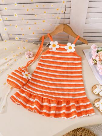 女宝宝夏季无袖条纹刺绣花朵连衣裙，甜美连衣裙配斜挎包