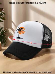1pc Men's Black Coconut Tree, Sunrise, Sunset Line Cartoon Patchwork Contrast Color Adjustable Outdoor Casual Sports Beach Printed Polyester (Polyester) Mesh Foam Net Truck Driver Cap Baseball Cap, Suitable For Daily Decor, Spring/Summer/Autumn - A - View 3