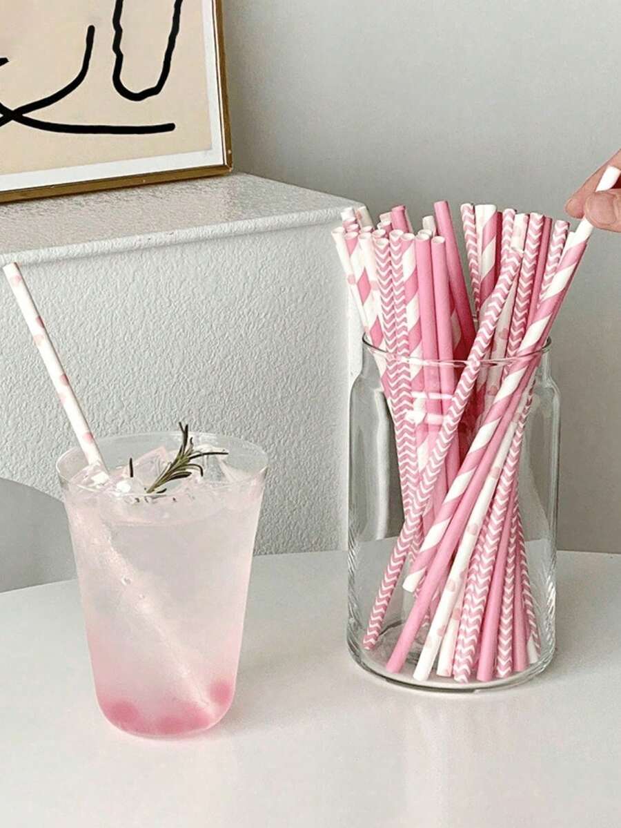 1/25/50支粉色系列吸管、吸管、厨房用具、礼品装饰和派对用品吸管适用于冷饮和饮料，适合夏季派对、婚礼、生日、卡通装饰 - 彩色 - 查看 1