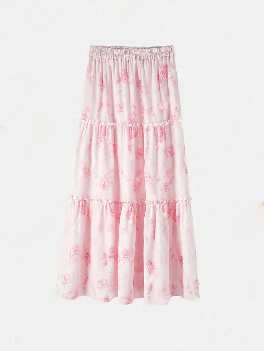 A-Line Ruffle Hem Skirt With Peach Rose Print, Unique Design High-End Quality, Suitable For Spring/Summer - Pink - View 1