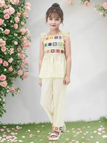 Set 2 buc. fete, top și pantaloni cu mânecă scurtă brodați cu flori colorate, ținută casual confortabilă pentru exterior/sărbători/zi de naștere, vară - Caisă - Vizualizare 2