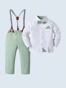 2 件套年轻男孩绅士服装 - 长袖衬衫配蝴蝶结和吊带裤，时尚，适合生日派对、婚礼、洗礼 - 綠色 - 查看 1