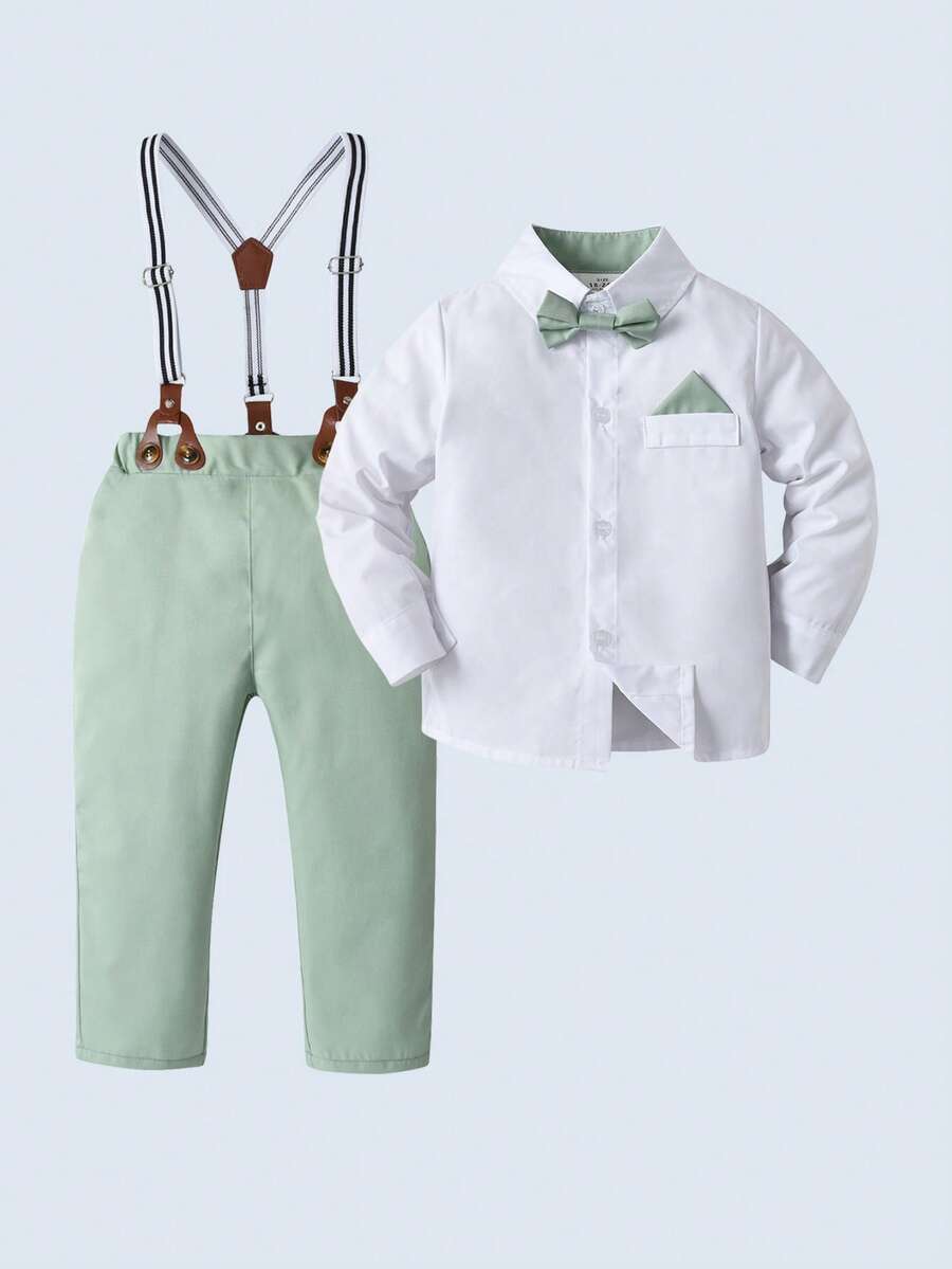 2 件套年轻男孩绅士服装 - 长袖衬衫配蝴蝶结和吊带裤，时尚，适合生日派对、婚礼、洗礼 - 綠色 - 查看 1