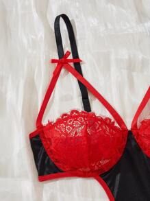 Lencería de talle alto para mujer con detalles de encaje con costuras, diseño atractivo con lazos, ropa de dormir de dormitorio, lencería íntima para el Día de San Valentín, atuendo lujoso adecuado para citas