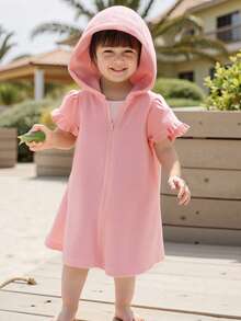 Girls Swimwear Cover Up - Zip Front Hooded Beach Robe 1-6 Years  Short Sleeve Poolside Wrap  Quick-Dry UV Protection - Pink - View 6