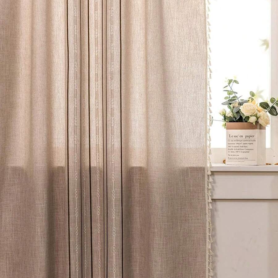 Boho Curtains 84 Inches Long Bedroom, Taupe Cotton Linen White Stripes Embroidery, Chic Hollow Geometric, Semi Blackout Window Vintage Drape With Tassels, 1 Panel W52 X L84, Fashionable Home Decor - 棕色 - 查看 1