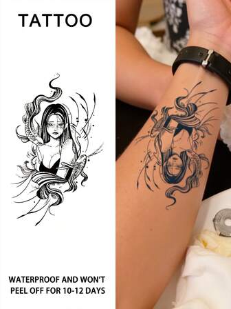 1 件美人鱼临时纹身半永久纹身防水防汗持续 1-2 周逼真草本汁防摩擦不反光仿黑色假纹身适用于女性和男性纹身贴纸适用于手臂、胸部、腿部、腹部、腰部、手指、颈部、脊柱、现代人体艺术