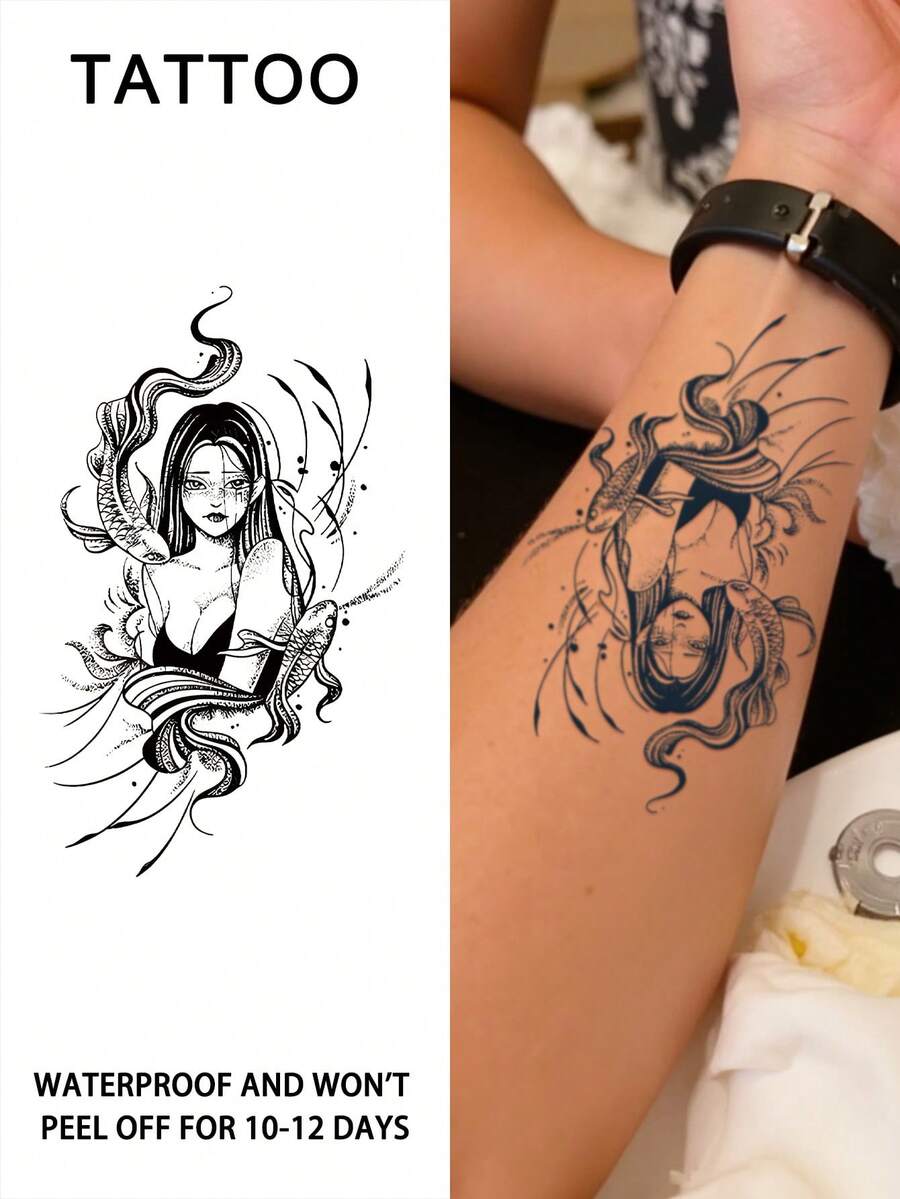 1件裝美人魚半永久紋身貼,防水抗汗,持效1-2週,逼真草本果汁色,耐磨不反光,黑色仿身紋身貼,中性款,適用於手臂、胸部、腿部、腹部、腰部、手指、頸部、脊椎及其他身體部位,現代風身體藝術 - 黑色 - 查看 1