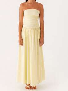 Women Tube Top Maxi Dress Elegant Sleeveless Strapless Ruched Flowy Dress Summer Long Wedding Party Cocktail Dresses - Yellow - View 1