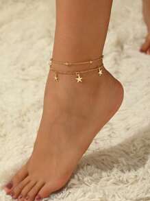 1pc Fashionable Starfish Double-Layer Tassel Golden Anklet, Suitable For Teenagers, Beach Decor For Summer Travel