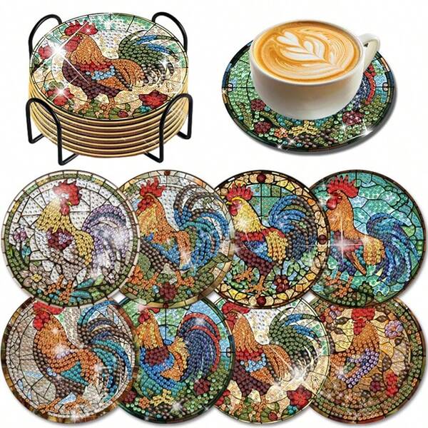 8pcs Diamond Painting Coasters With Holder, DIY Rooster Pattern Diamond Art Coasters, Suitable For Beginners, Diamond Painting Craft Supplies, Exquisite Gift For Friends