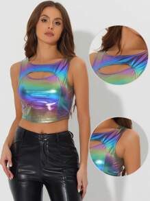 Women's Metallic Crop Top Shiny Summer Sleeveless Cut Out Festival Party Clubwear Holographic Tank Tops