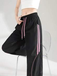 Casual Loose Drawstring Pocket Stitching Color Contrast Trousers,