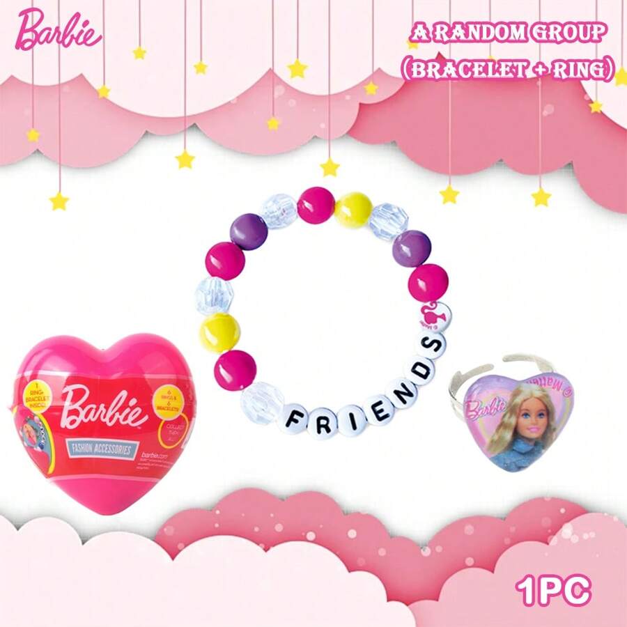 Mattel Set de bijuterii cu inel și brățară Barbie cu mărgele, licențiat oficial, conține 1 brățară și 1 inel, diverse stiluri, aleatoriu, o prințesă, colorat și drăguț, perfect pentru cadouri de ziua de naștere și cadouri de petrecere.