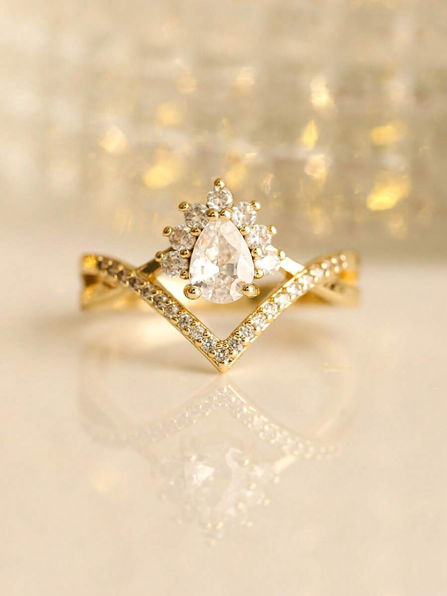 1 件时尚立方氧化锆梨形皇冠装饰铜戒指，适合女性日常佩戴、婚礼、派对、订婚、情人节礼物 - 金色 - 查看 1