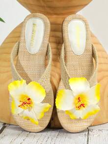 planare 新款3D黄色花朵装饰人字拖平底凉鞋，编织纹理，休闲度假沙滩凉鞋，适合夏季室内外穿着，舒适轻便百搭，平底婚礼季凉鞋，完美搭配连衣裙 - 杏色 - 查看 6