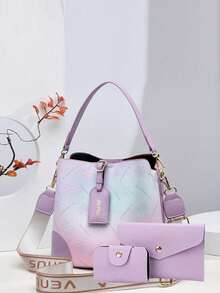 3pcs Women Bag Set, Including Ombre Bucket Bag, Letter Print Crossbody Bag, Fashion Decor Handbag And Women Wallet - Multicolor - View 2
