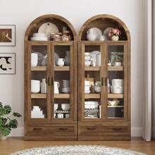 75" Tall Arched Kitchen Pantry Cabinet W Load-Bearing Steel Pipe,Modern Farmhouse Kitchens Storage Cabinet With Drawer And Glass Doors,Tall Arched Bookcase,Pantry Organizer For Living Room - 自然的 - 查看 7