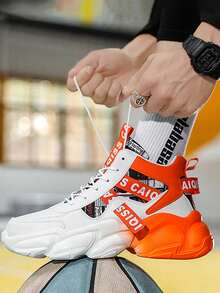 Hombres de color blanco y naranja de diseño de choque de alta transpirables zapatos deportivos casuales de los hombres, zapatos de baloncesto, suela gruesa antideslizante, cómoda punta redonda zapatos de cordones transpirable y antideslizante, ideal para deportes al aire libre, correr, fitness - Naranja - Ver 2