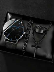 kuuioe 4pcs/Set Black Cross Chain Bracelet Ring Watch Jewelry Set For Men, Formal Business Luxury Gift