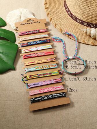 12 pièces/Set Bracelets d'amitié de style bohème, tricotés et artisanaux, bracelets à charmes népalais tressés à la main vintage pour la plage et les vacances